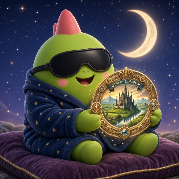 A cute green cartoon character wearing a black sleep mask and a star-patterned blue robe sits on a purple cushion holding a decorative golden plate labeled 'GEM OF KINGDOM' against a night sky with a crescent moon.