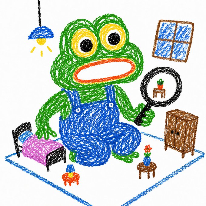 A child's crayon drawing of a green frog-like creature in blue overalls holding a magnifying glass over a small plant on a stool, surrounded by a bed, lamp, cabinet, vase, and window in a simple room.