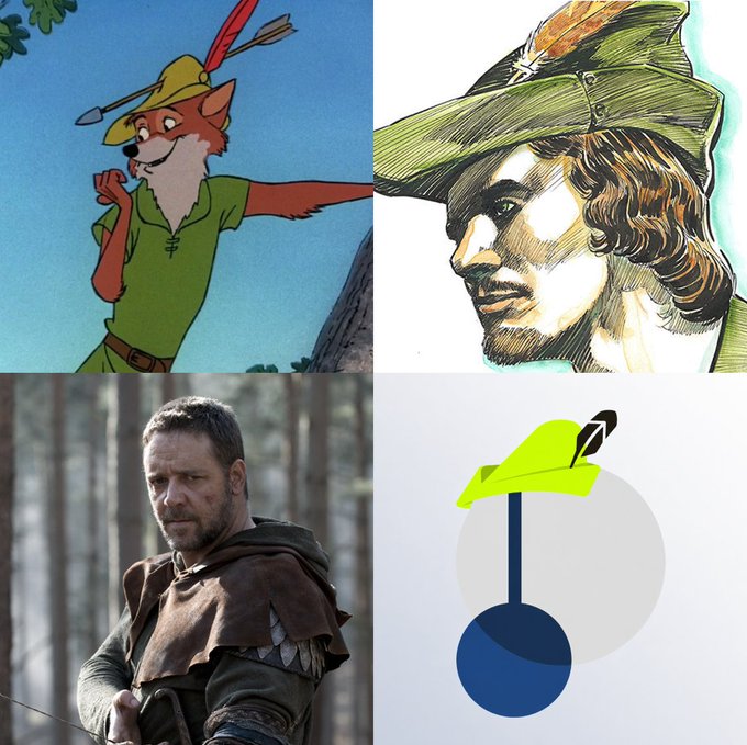 A four-panel image showing Robin Hood as an animated fox in green, an illustrated drawing of Robin Hood, a live-action movie still of a bearded man in a forest, and a minimalist logo of a green feathered hat.