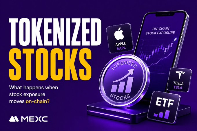 A promotional graphic for MEXC about 'Tokenized Stocks' asking 'What happens when stock exposure moves on-chain?', showing Apple (AAPL), Tesla (TSLA), and ETF icons alongside a smartphone displaying a stock chart.