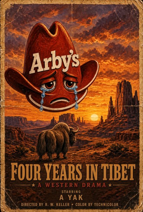 A parody movie poster for 'Four Years in Tibet: A Western Drama' starring a yak, directed by R.W. Keller, featuring a large crying Arby's cowboy hat logo over a desert sunset landscape.