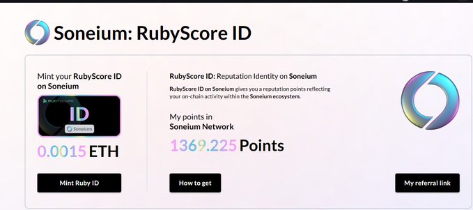 The image displays a Soneium: RubyScore ID minting page showing 1369.225 Points earned on the Soneium Network, with an option to mint a Ruby ID for 0.0015 ETH. The post highlights the user's achievement of 1369 RubyScore points, reflecting their on-chain reputation and activity within the Soneium ecosystem, as visually represented in the screenshot.