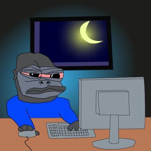 A cartoon shows a gorilla wearing glasses and a blue shirt working intensely on a computer at night, with a crescent moon visible through the window behind the monitor.