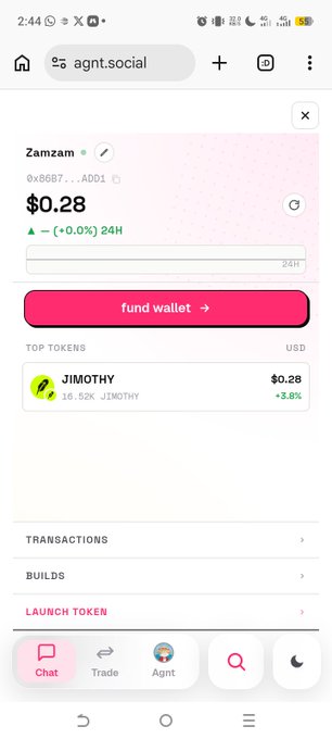 A screenshot of the agnt.social mobile app interface showing a 'Zamzam' account with a balance of $0.28 USD and JIMOTHY listed as a top token.