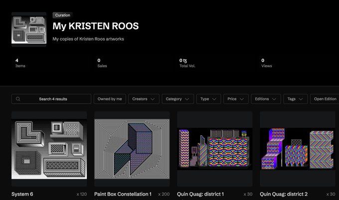 A digital collection page titled 'My KRISTEN ROOS' with a Curation label and the description 'My copies of Kristen Roos artworks', displaying four digital art pieces including 'System 6', 'Paint Box: Constellation 1', 'Quin Quag: district 1', and 'Quin Quag: district 2'.