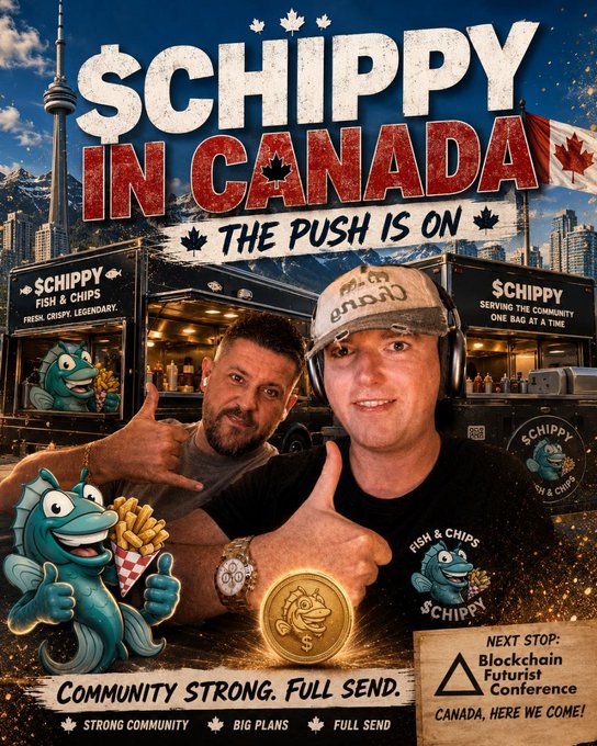 A promotional poster titled 'SCHIPPY IN CANADA: THE PUSH IS ON' featuring two men giving thumbs up in front of a food truck, with a fish mascot, the CN Tower in the background, and text mentioning 'NEXT STOP: Blockchain Futurist Conference CANADA, HERE WE COME!'.