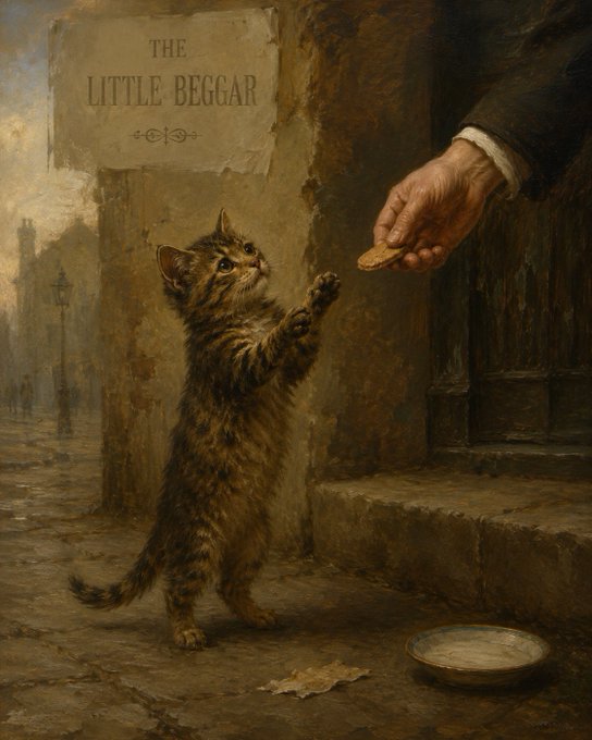A classical-style oil painting titled 'THE LITTLE BEGGAR' showing a small tabby kitten standing on its hind legs, reaching toward a hand offering a coin.