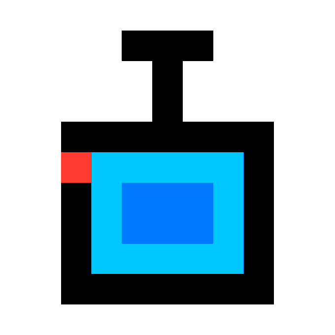 A simple, flat-colored graphic of a black bottle with a blue label and a small red square, resembling a perfume or potion bottle.