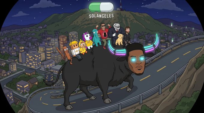 The image is a cartoon-style illustration showing a group of characters riding a glowing-eyed bull along a winding road at night, with a cityscape and a hill bearing the text "SOLANGELES" in the background under a green status bar. The caption references the Solana-based meme token $SOLANGELES, comparing its setup to a bull ride as the poster anticipates a price breakout to 3.3 million.