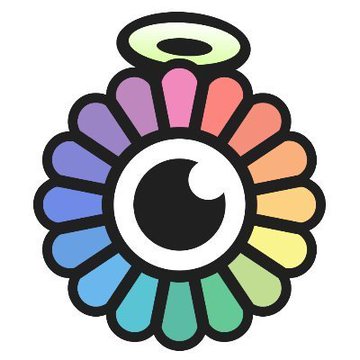 A Takashi Murakami-style smiling flower artwork featuring rainbow-colored petals and a large black eye in the center.