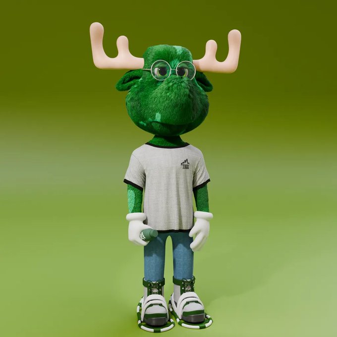 A 3D-rendered green furry moose character with tan antlers and round glasses, wearing a white t-shirt and jeans, holding a microphone.