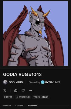 The image features a cartoon illustration of a muscular, gray-skinned man with red wings and horns standing against a blue background. The man appears to be wearing a robe or tunic, which adds to his imposing presence. The caption below the illustration reads "Goddly Rug #1043".
