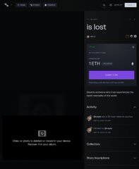 A dark mobile app interface showing a 'Claim airdrop' screen for 1 ETH with a featured '#PRESS' collection, partially obscured by overlay text ending in 'is lost'.