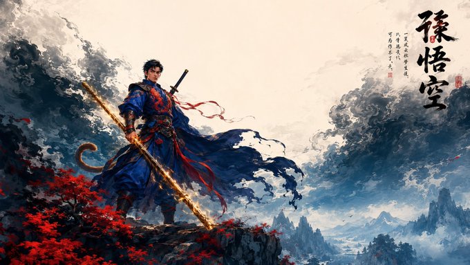 The image features an illustration of a man dressed as a warrior, holding a sword and wearing a blue outfit with a red ribbon around his neck. The background depicts a mountainous landscape with clouds, giving the impression that they are standing atop a mountain or cliff. The caption for the image reads "happy tacos tuesday to all friends of Momoh today' s gonna be a good day to check-in on @TermMaxFi".