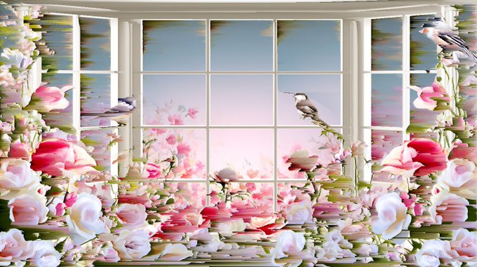 A whimsical bay window scene adorned with lush pink and white roses, where two birds perch among the blossoms against a soft pastel sky. The image illustrates the artwork's emotional theme of romance and nature, as referenced by the title "Feel the emotions -12-" shared with the collector @Stampfigang on the Objkt NFT marketplace.