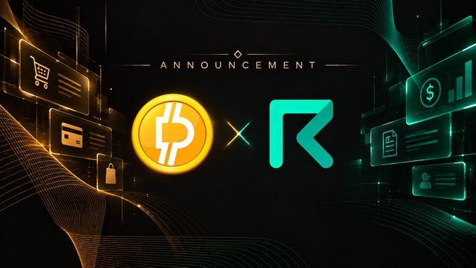 A dark digital announcement graphic features a glowing orange coin logo next to a green "R" logo, surrounded by floating e-commerce and finance icons, with the word "ANNOUNCEMENT" at the top.