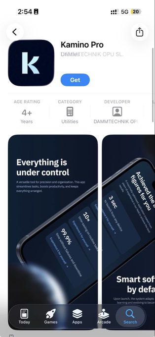 An App Store listing for "Kamino Pro" by DAMMTECHNIK OPU SL, a Utilities app rated 4+ with the tagline "Everything is under control."