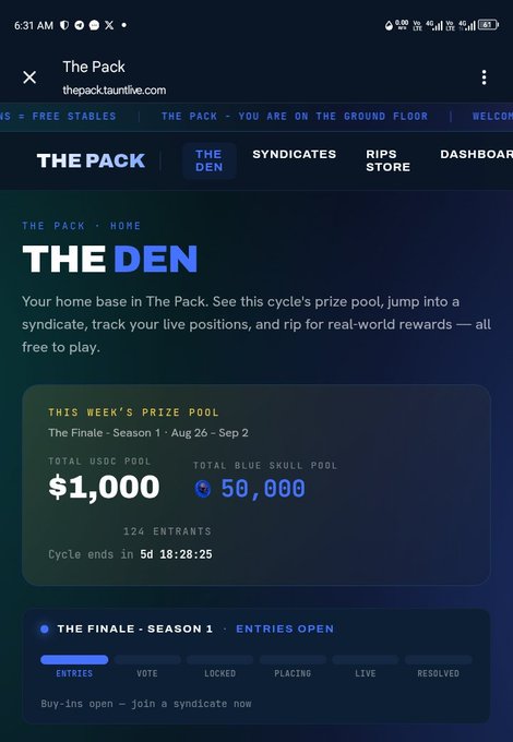 A mobile screenshot of 'The Pack' website (thepack.tauntlive.com) showing 'THE DEN' page with 'THIS WEEK'S PRIZE POOL' of $1,000 USDC and 50,000 Blue Skull, with 124 entrants and a countdown timer.