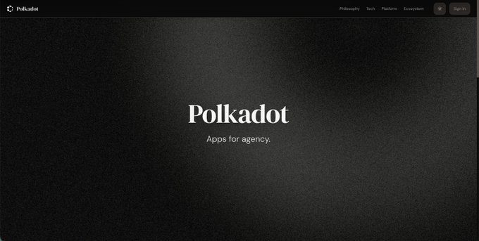 A website landing page for 'Polkadot' with the tagline 'Apps for agency.' on a dark background.