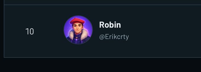 A profile card showing a cartoon avatar of a person in a red beret, named "Robin" with the handle @Erikcrty, and the number 10 displayed on the left.