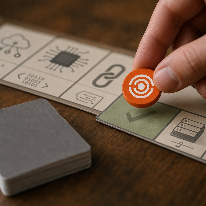 The image shows a person's hand holding an orange game piece, which appears to be a token or button, over a game board with various symbols representing different elements of gameplay. The player has landed on "Your move next!" symbol, indicating that they are in the current stage of making their move for the next turn.