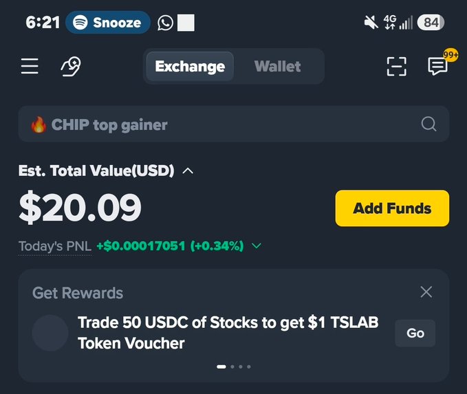 A dark-themed crypto exchange app screen shows an estimated total value of “$20.09,” today’s PNL of “+$0.00017051 (+0.34%),” and “Add Funds,” with a promotion offering $1 TSLAB for trading 50 USDC of stocks.