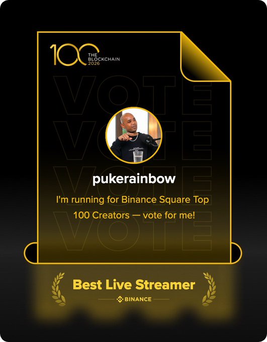 A black-and-gold promotional graphic reads “100 THE BLOCKCHAIN 2025,” “VOTE,” “pokerainbow,” and “I’m running for Binance Square Top 100 Creators — vote for me!” above “Best Live Streamer” and “BINANCE.”
