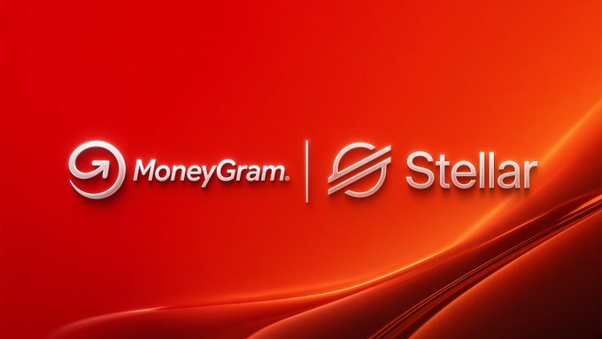 A graphic with a red background displays the logos for 'MoneyGram' and 'Stellar' separated by a vertical line, featuring flowing wave designs.