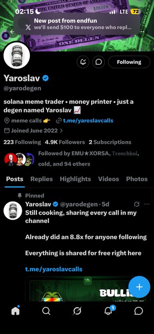 A Twitter/X profile screenshot of "Yaroslav" (@yarodegen), a self-described 'solana meme trader' with notifications from EMU★XORSA and others.