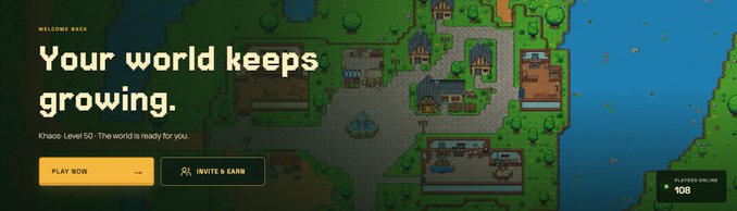 A promotional banner for the game Khaos announces "Welcome Back" and "Your world keeps growing," highlighting Khaos Level 50 and featuring call-to-action buttons for "Play Now" and "Invite & Earn," while showing a player count of 108 online against a pixel-art game world—visually reinforcing the post's celebration of Valthera surpassing 100 simultaneous players.