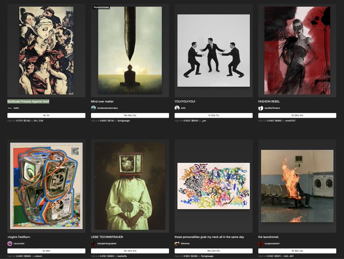 A dark-themed grid interface displays eight live auction items on SuperRare, featuring artworks titled "Multitude Presses Against Itself" by @bottoproject, "Mind over matter" by @fransnubes, "YOU!YOU!YOU!" by @befethemad, "FASHION REBEL" by @sexafterflowers, "<logick.TestRun>" by @neurocolor, "LIEBE TECHNIKFRAUEN" by @tobydphotograph, "these personalities grab my neck all at the same day" by @lilemoss, and "the laundromat" by @latograhamart, with bid amounts and time remaining visible below each piece.