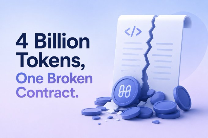 A 3D-rendered graphic advertises '4 Billion Tokens, One Broken Contract' featuring a cracked scroll of code and scattered purple cryptocurrency tokens.