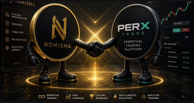 The image features two trading robots or animated characters - Nomisma's trading robot (Nomisma) positioned on the left side of the screen wearing gold coins, while another trading robot, Pnx (Perx), is shown on the right side with a black coin. The robots are shaking hands, symbolizing collaboration and partnership in the world of trading. The background features the trading platform's logo and some text related to trading activities like "Big moves" and "Season ?" which could be interpreted as the trading platform being active during specific seasons or periods.