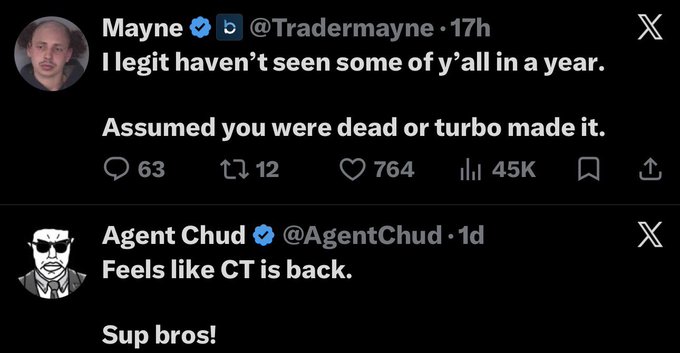 A screenshot of two X (formerly Twitter) posts from crypto traders Mayne (@Tradermayne) and Agent Chud (@AgentChud) joking about CT (Crypto Twitter) users disappearing and reappearing during Bitcoin's relief rallies. The posts humorously reference the cyclical pattern of hope returning to the timeline whenever BTC pumps, aligning with the commentary about premature optimism during relief rallies before a potential dump.