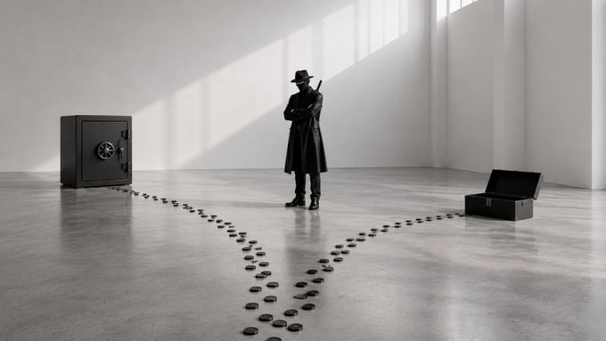 A black-and-white cinematic image of a man in a trench coat and hat holding a rifle, standing in a stark white room between a safe and a briefcase with coins leading to them.