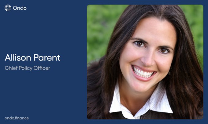 A promotional graphic for Ondo Finance features a professional headshot of Allison Parent, smiling warmly in a white-collared shirt, alongside the Ondo logo and her new title as Chief Policy Officer, set against a navy blue background.
