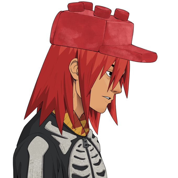 An anime-style illustration of a character with long red hair wearing a red LEGO-shaped cap and a black and white skeleton hoodie.