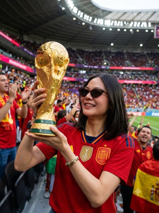 A woman wearing sunglasses and a Spain FIFA soccer jersey holds up the FIFA World Cup trophy while smiling in a crowded stadium with fans waving Spanish flags in the background.