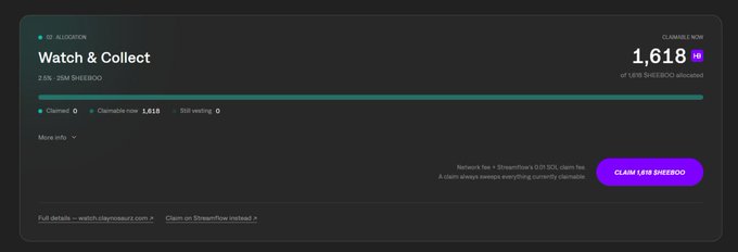 Screenshot of a 'Watch & Collect' allocation page showing 1,618 SHERBOO tokens claimable, with 25% of 2M SHERBOO allocated and a 'CLAIM SHERBOO' button visible.