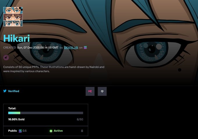 A digital NFT listing page titled 'Hikari' showing an anime-style illustration of blue eyes, created on Sun, 07 Dec 2025 08:14:55 GMT by Skww_VR, with 16.00% sold (8/50).
