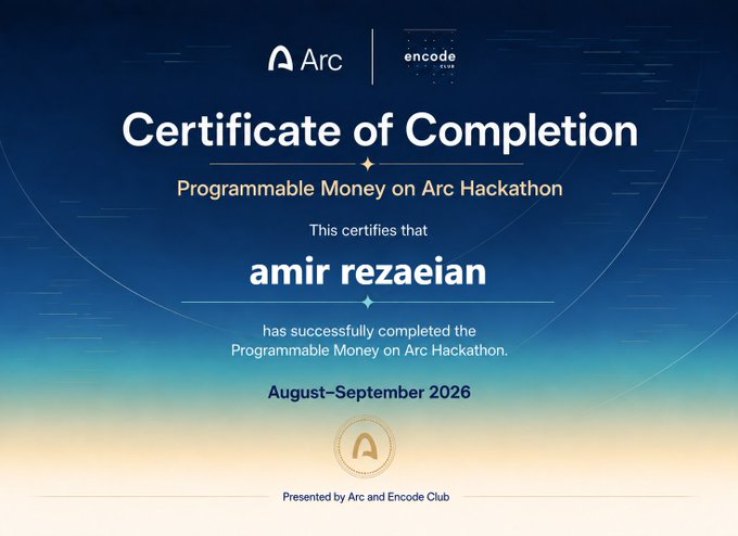 A certificate of completion from Arc and Encode Club for the Programmable Money on Arc Hackathon, awarded to 'amir rezaeian' for August-September 2026.