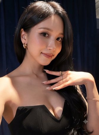 A young woman with long dark hair poses elegantly in a black strapless dress, resting her chin on her hand adorned with delicate rings and bracelets, set against a dark curtain backdrop—fittingly tagged #MINA #TWICE as the image appears to showcase the K-pop idol in a glamorous portrait.