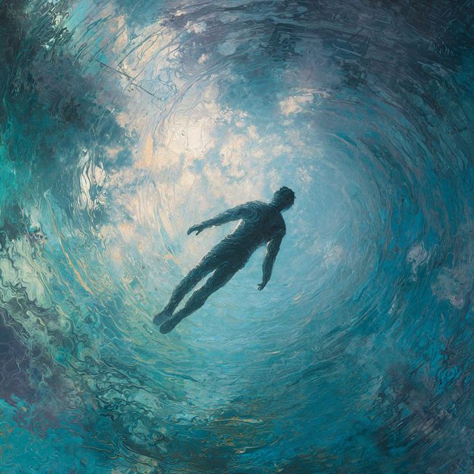 An artistic digital painting depicts a silhouetted human figure floating weightlessly within a swirling, luminous tunnel of blue water, looking up toward a glowing surface.