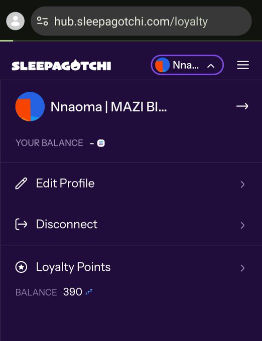 A Sleepagotchi loyalty account dashboard for user "Nnaoma | MAZI BI..." displays a Loyalty Points balance of 390, illustrating the platform's rewards system tied to its sleep-to-earn ecosystem on Solana.