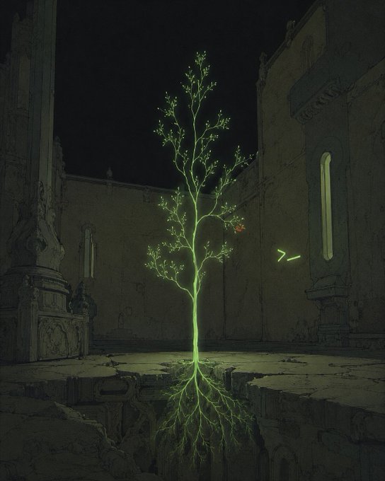 A digital illustration of a glowing green tree growing in a dark, ruined stone chamber, with exposed roots spreading across the cracked floor.