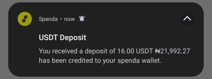 A notification from Spenda showing a USDT deposit of 16.00 USDT (₦21,992.27) credited to a Spenda wallet.