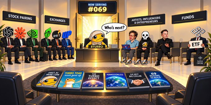A cartoon waiting room scene with figures labeled as 'STOCK PAIRING', 'EXCHANGES' (including EYB, UP), 'ARTISTS, INFLUENCERS & ENTREPRENEURS', and 'ETF', featuring a central character 'STURBO' at a desk with 'NOW SERVING #069' and a coffee table displaying meme coin tablets like 'TURBO TOAD', 'TURBO EFFECT', 'PERMISSIONLESS', 'THE NEXT BIG COLLAB', and '$S REASONS TO BUILD'.