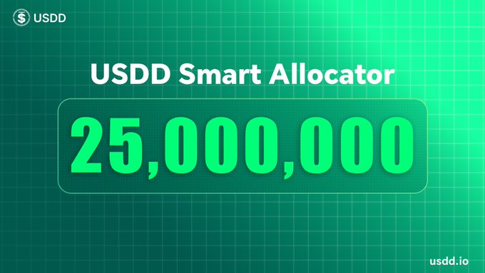 A promotional graphic for USDD Smart Allocator displaying '25,000,000' in large green text on a green grid background, with the USDD logo and usdd.io website.