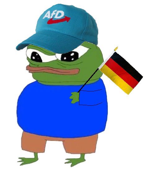 A cartoon illustration of a Pepe the Frog character wearing a blue shirt and a cap labeled 'AfD', holding a German flag.