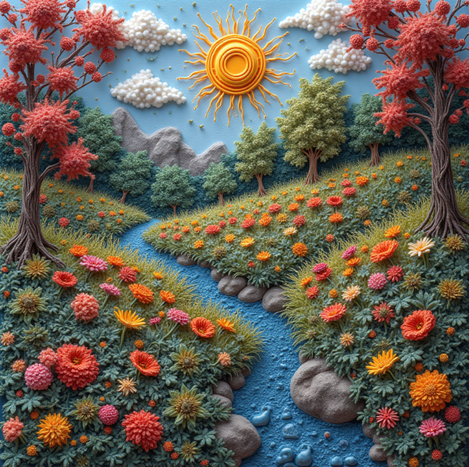 A textured, clay-like diorama scene shows a sun, clouds, mountains, and trees above a flower-filled meadow with a winding blue stream.